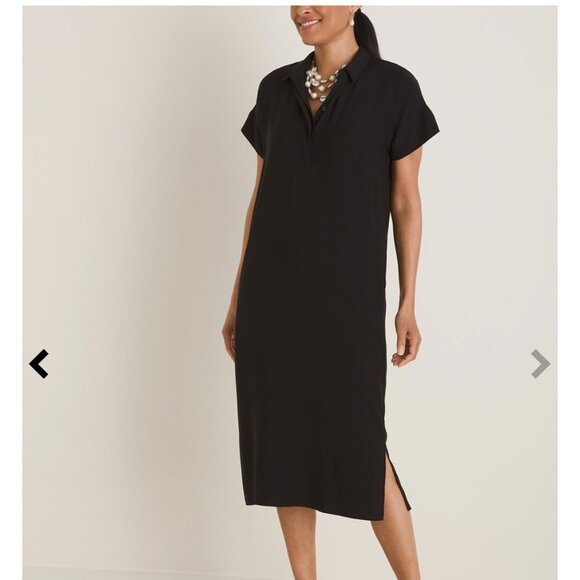Chico's Sz 4 Half Placket Shirt Midi Dress Navy Blue Modal Casual Comfortable - Picture 1 of 8